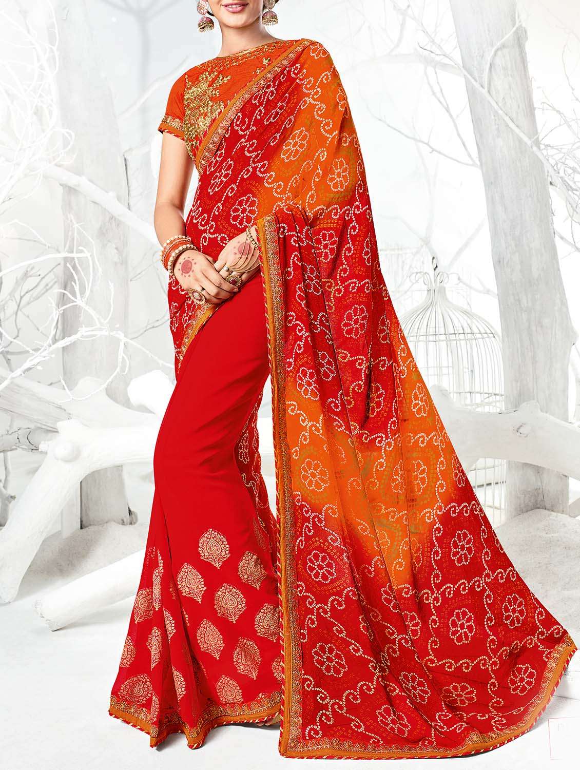 women's bandhani red colored saree