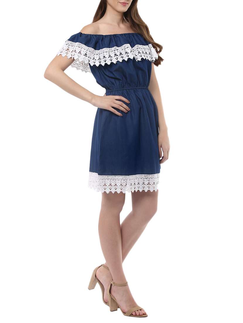 women solid lace detailed off shoulder dress - 14094285 -  Standard Image - 1