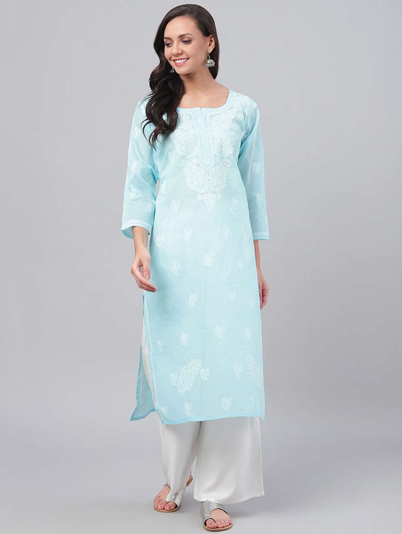 women chikankari blue cotton kurta