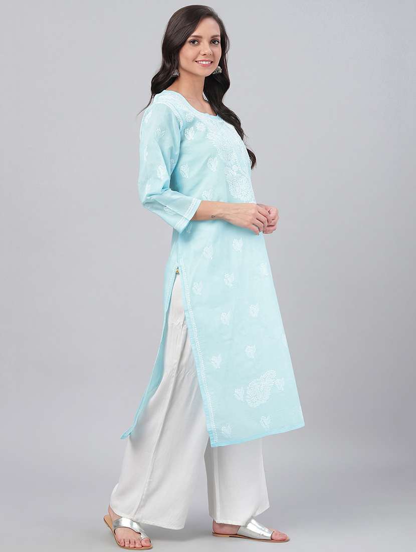 women chikankari blue cotton kurta - 14097799 -  Standard Image - 1