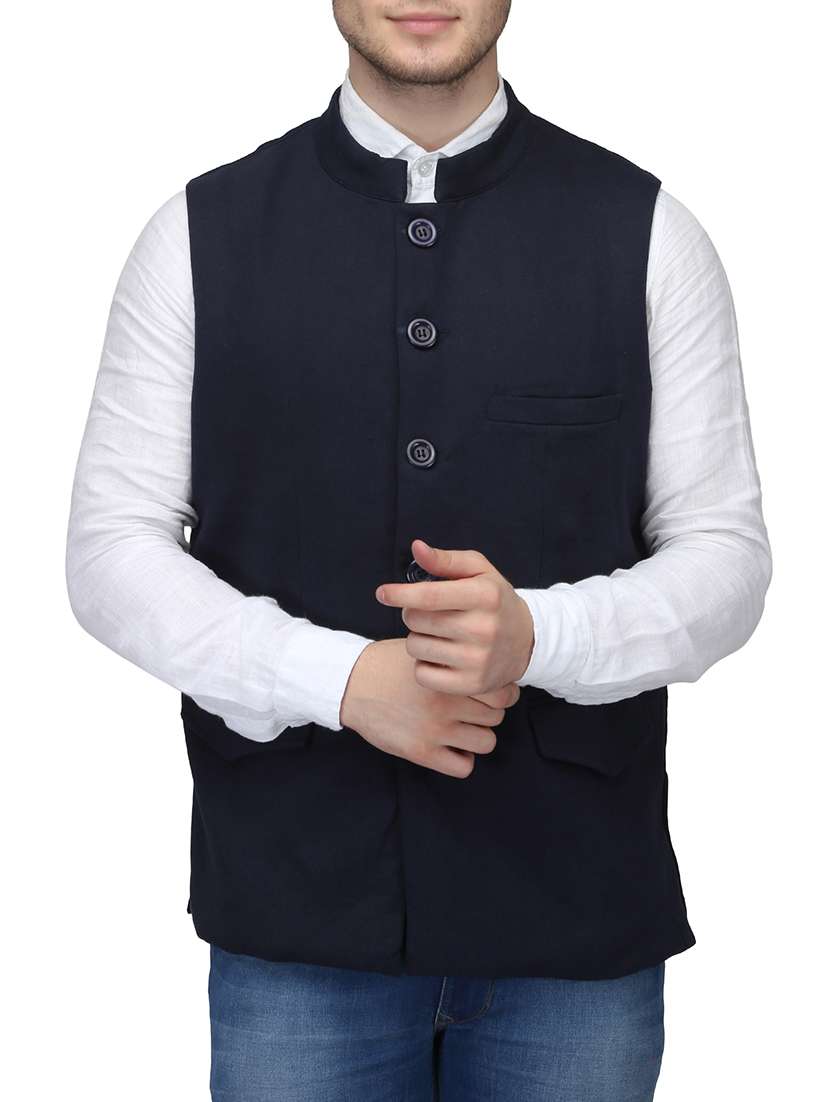 navy blue cotton nehru jacket