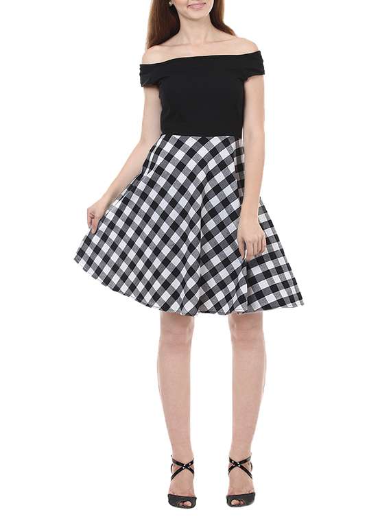 off shoulder checkered skater dress
