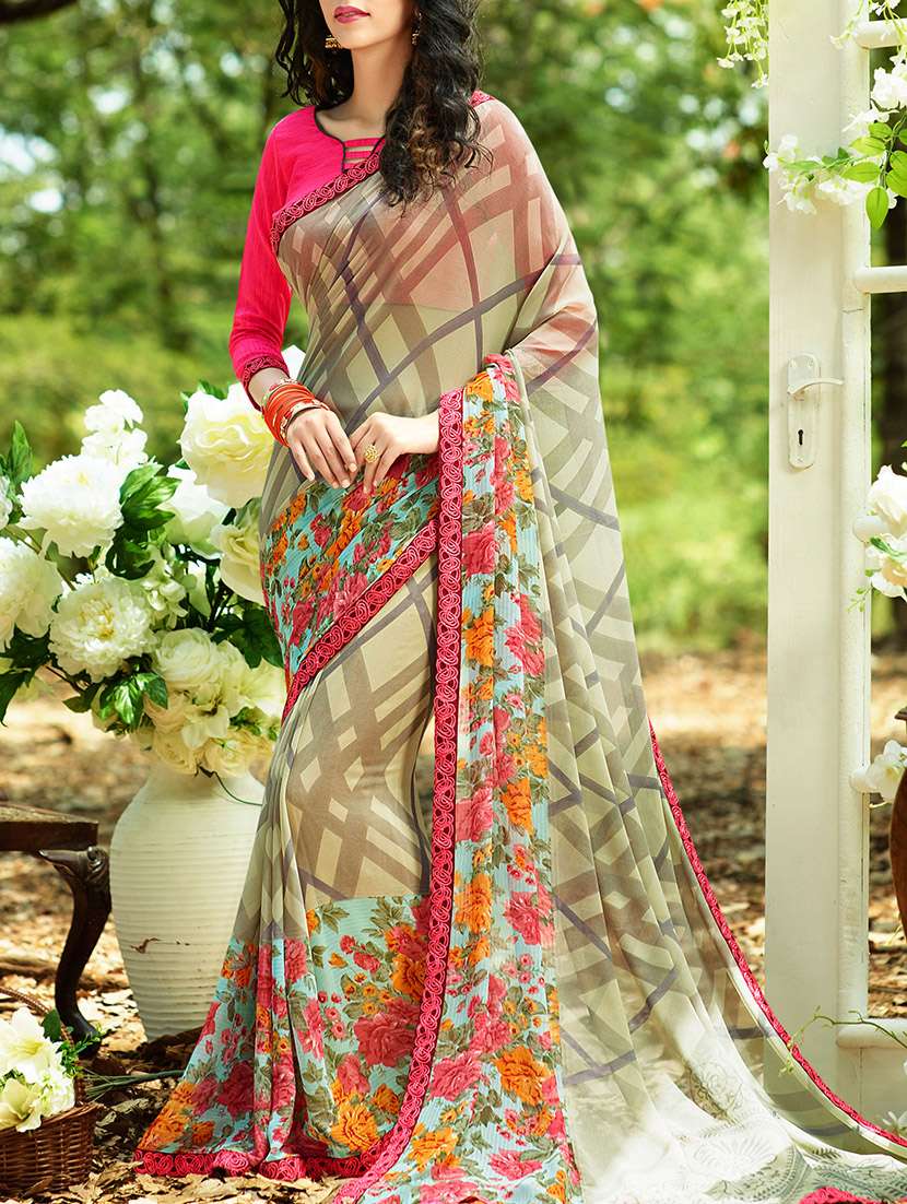 multi colored georgette printed saree with blouse