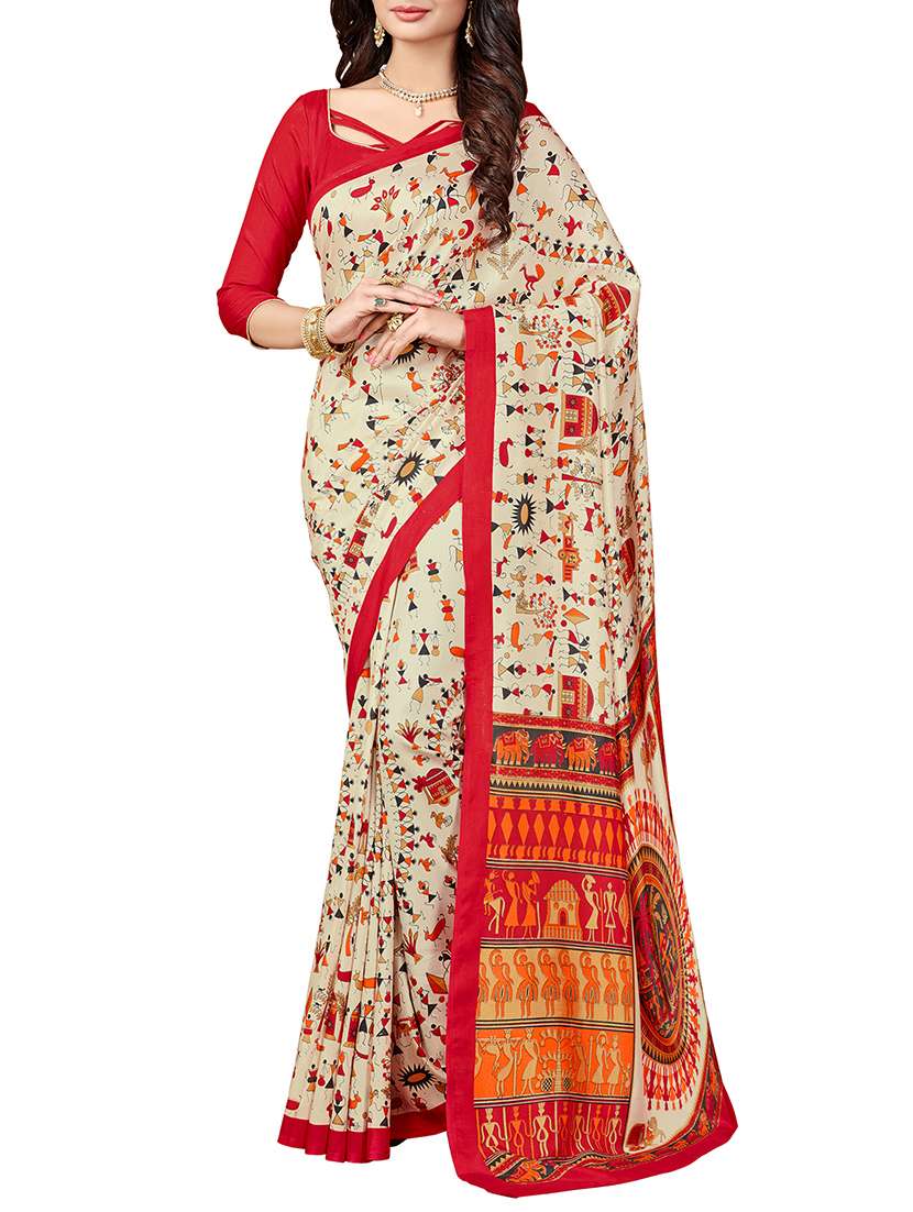 multi colored art silk printed saree with blouse