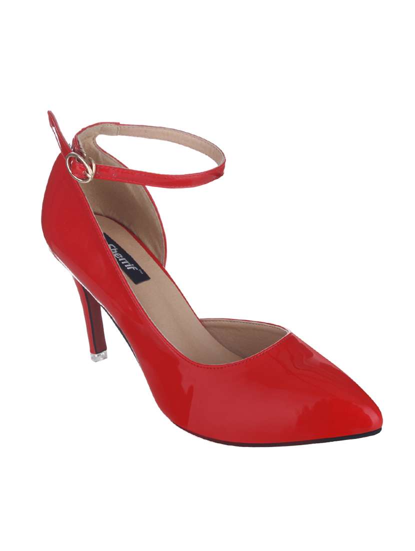 red faux leather ankle strap sandals