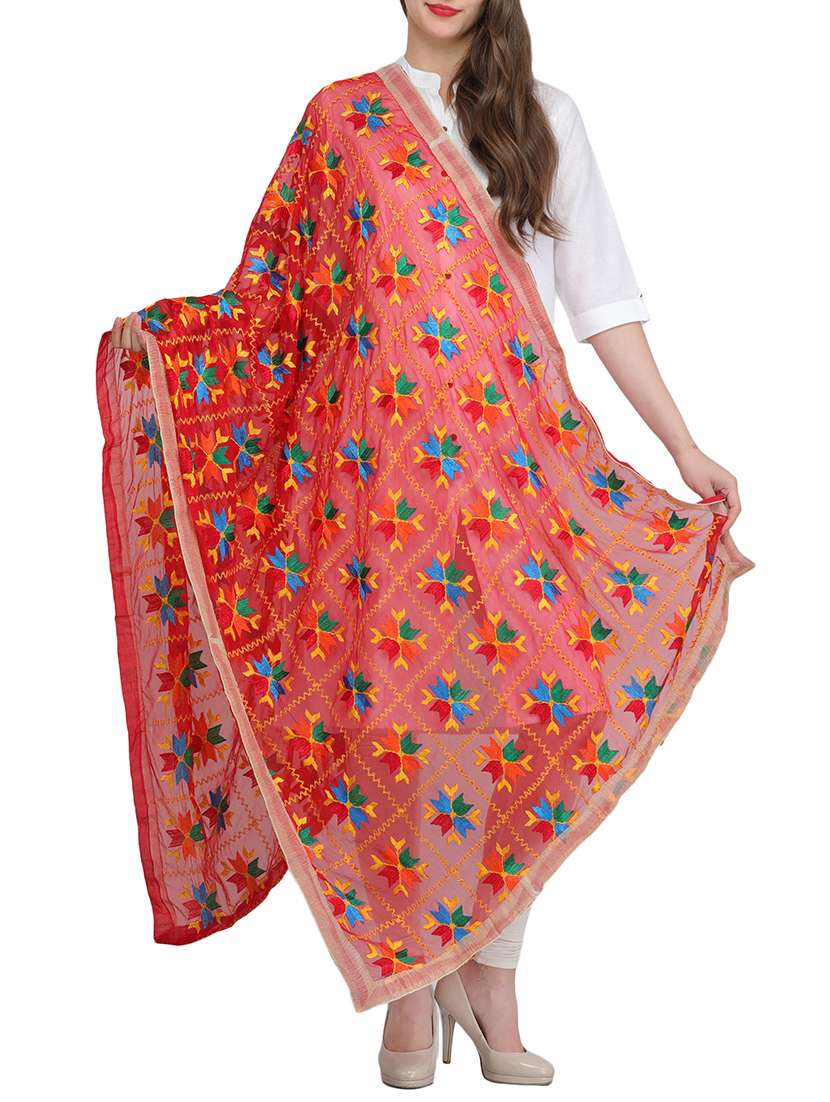 red poly chiffon phulkari dupatta