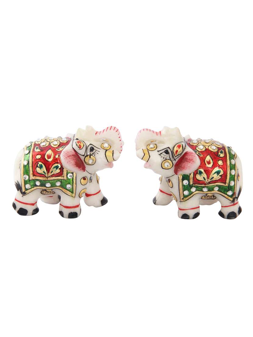 elephant pair in marble with meena work in red color by handicrafts paradise