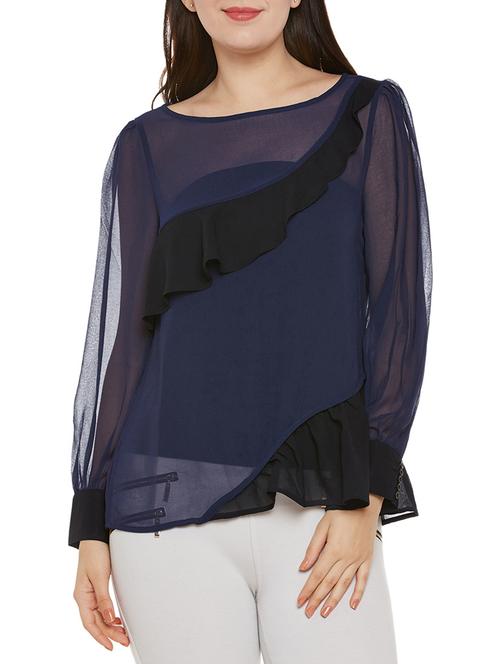 contrast ruffle trim sheer top - 14137756 - Standard Image - 0