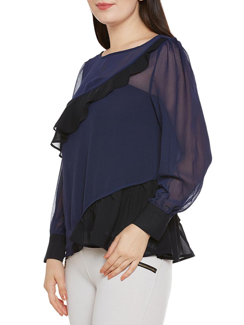 contrast ruffle trim sheer top - 14137756 - Standard Image - 1