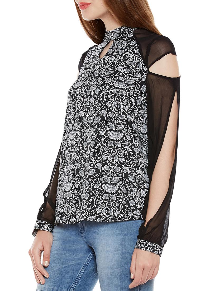 sheer paneled slit sleeved top - 14137785 -  Standard Image - 1
