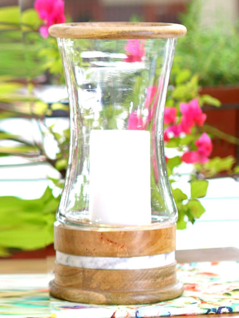 hurricane lantern with round wooden base