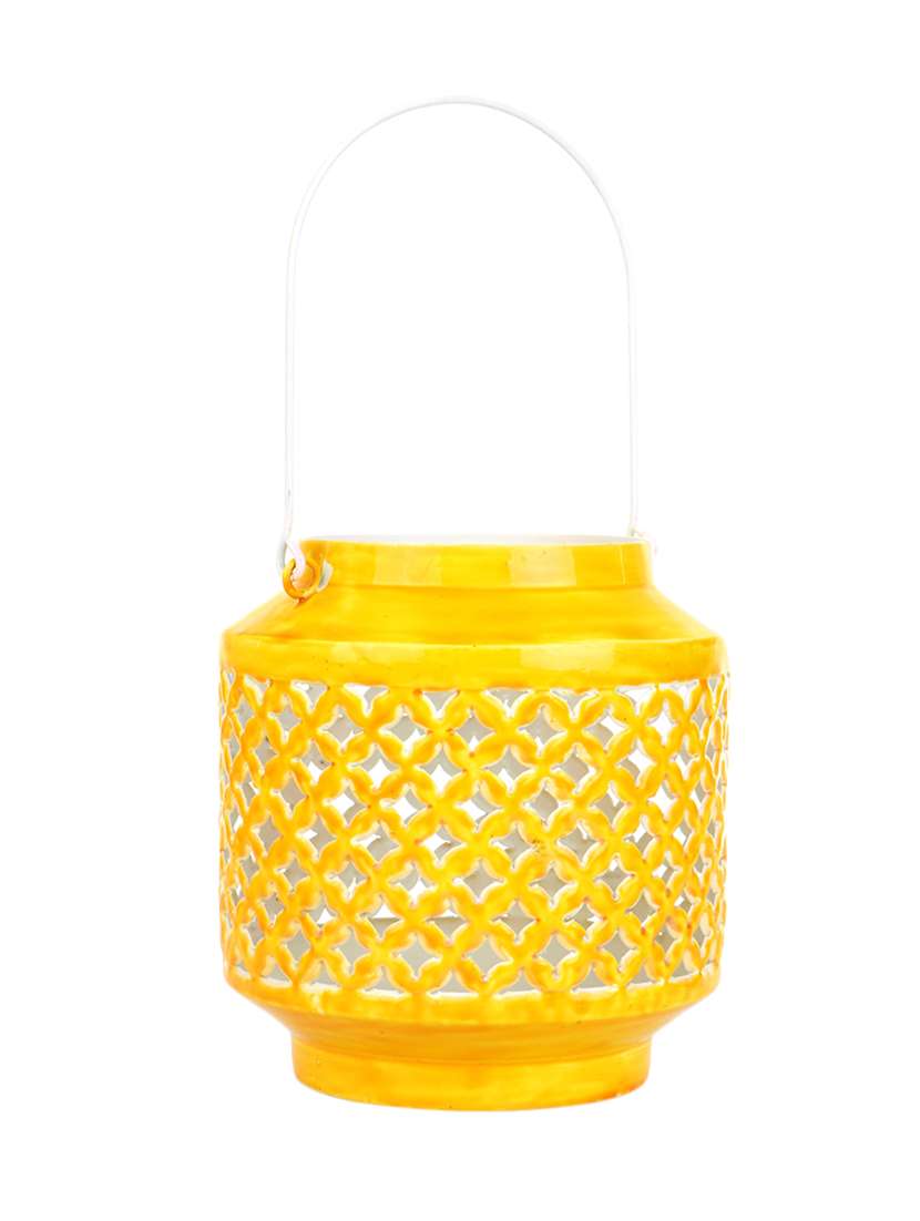 yellow cylindrical candle holder cum lantern