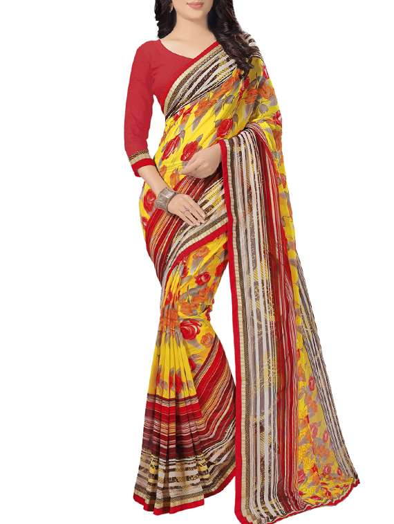 yellow georgette printed saree with blouse