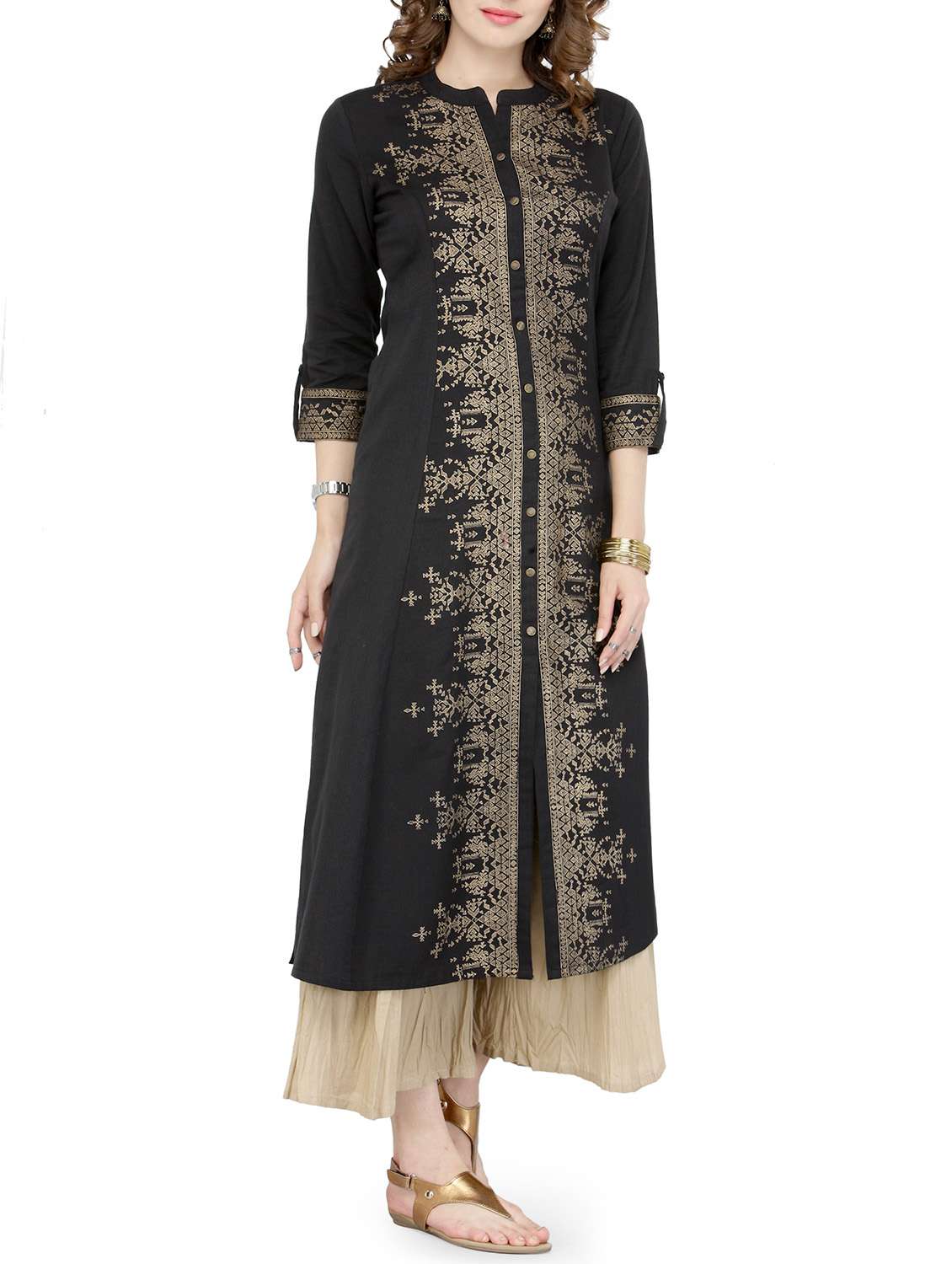 gold printed kurta palazzo set - 14146966 -  Standard Image - 1