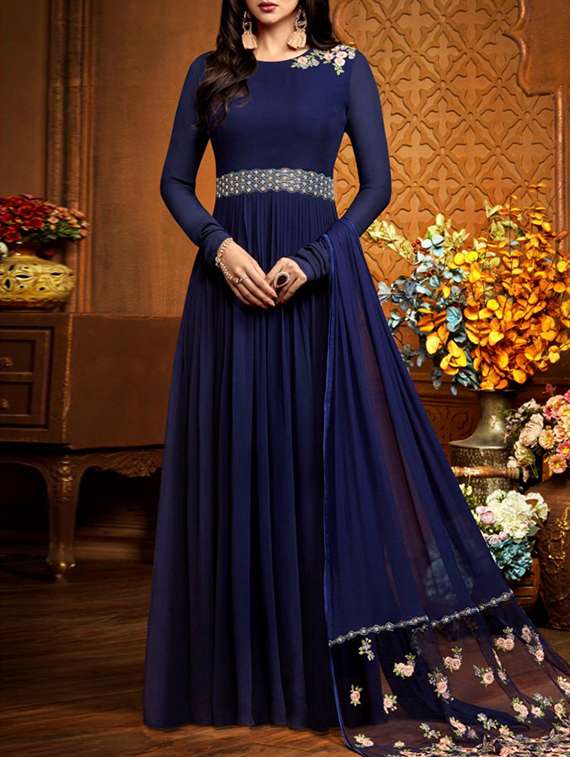 blue georgette flared semi-stitched suit