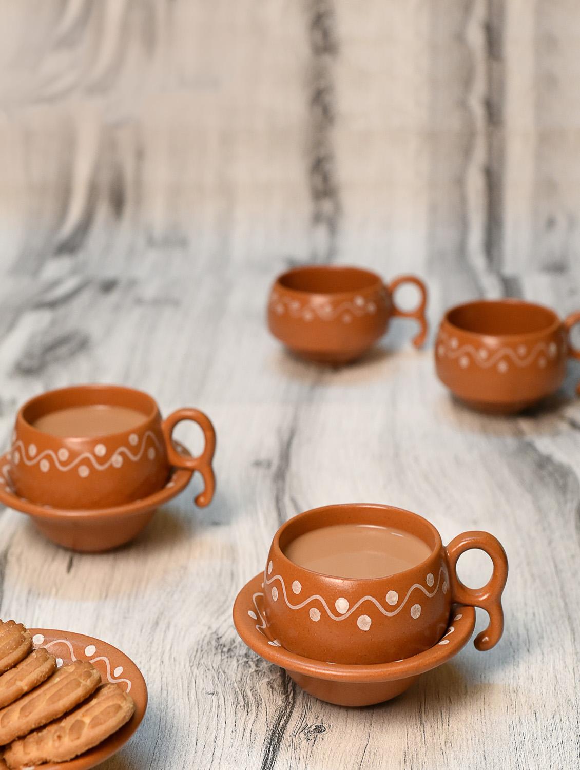 earthen print ceramic cup saucer set of 6 - 14154984 - Zoom Image - 0