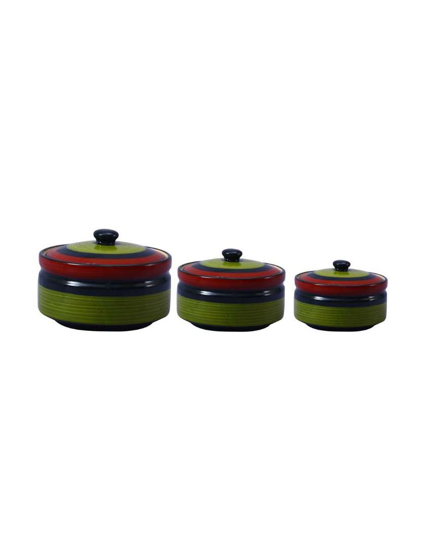serving donga casserole ceramic/stoneware in green chandrakari (1 large, 1 medium & 1 small) (set of 3) handmade by caffeine