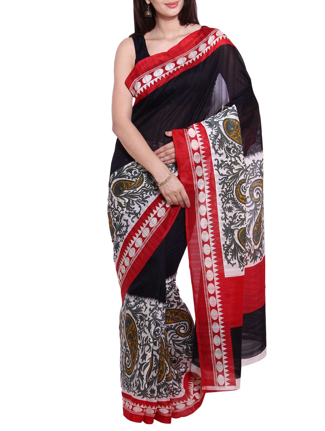 black art silk printed saree with blouse