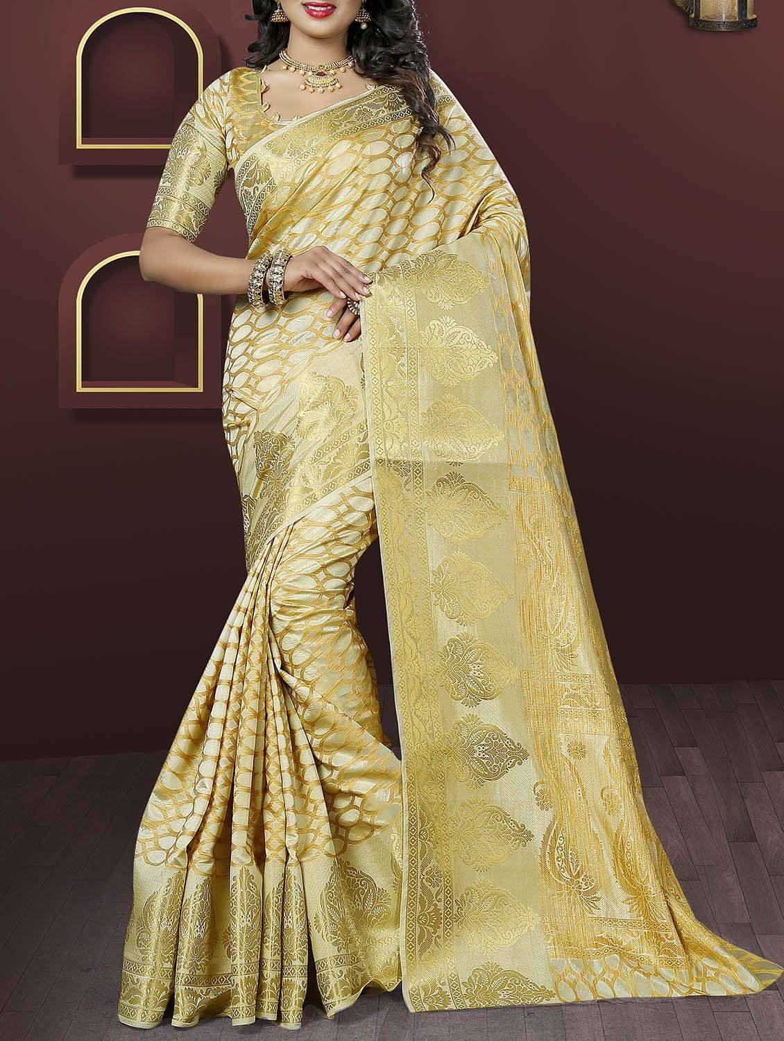 gold silk banarasi saree with blouse