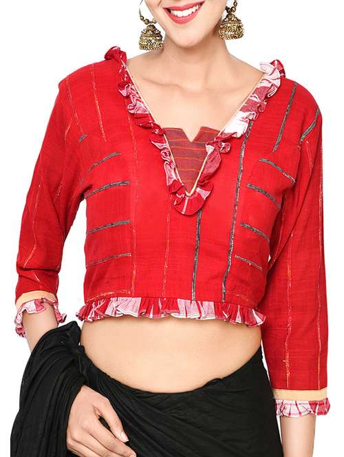 women red self design v neck stitched blouse