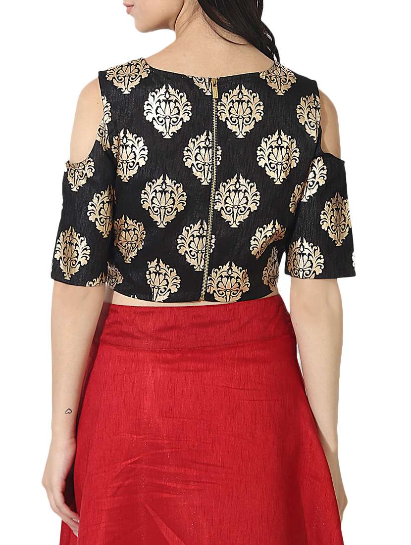 Black Silk Blend Printed Stitched Blouse