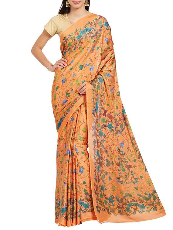 peach satin printed saree with blouse