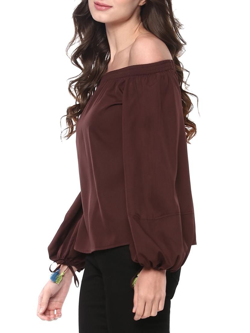 tassel tie-up smocked bardot top - 14191101 - Standard Image - 1