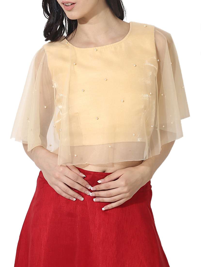 beige silk blend embellished stitched blouse