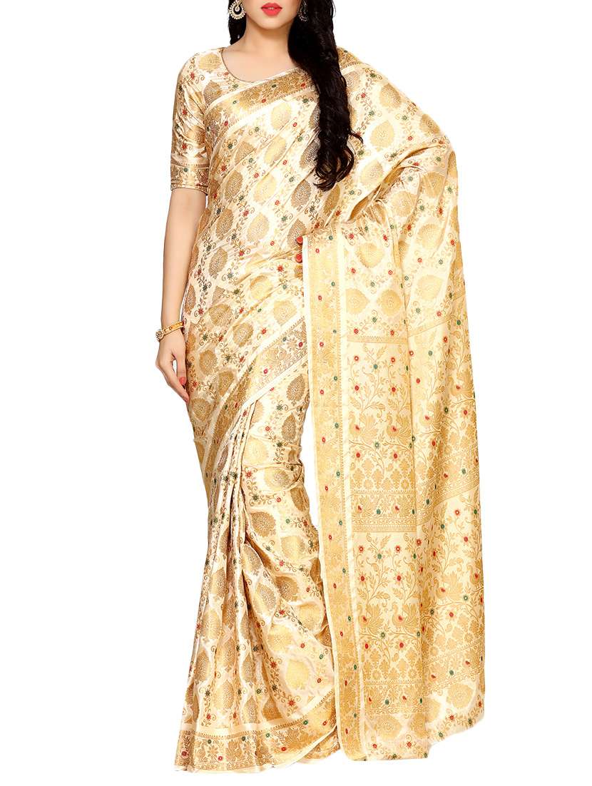 women's self design beige colored saree with blouse