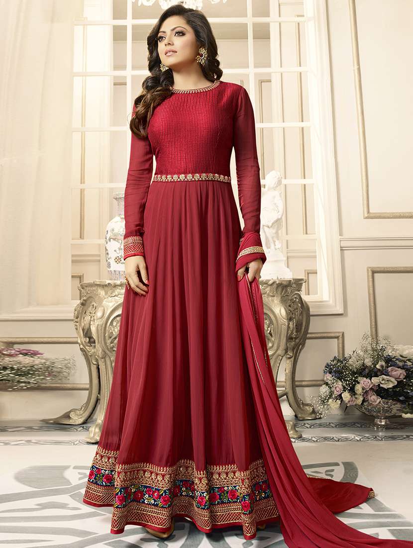 red unstitched anarkali dress material