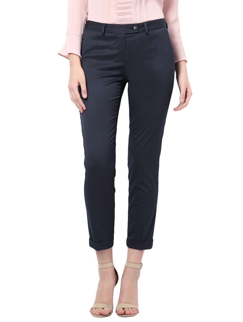 navy blue poly spandex flat front trouser