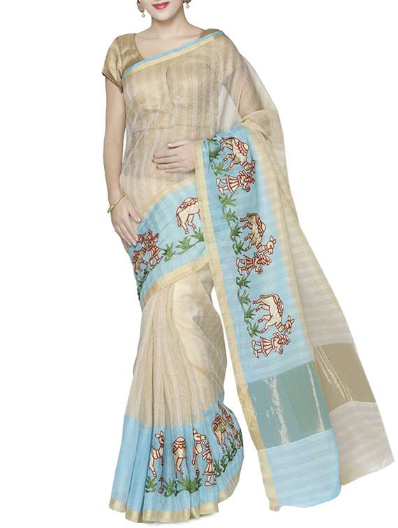 beige cotton blend embroidered saree with blouse