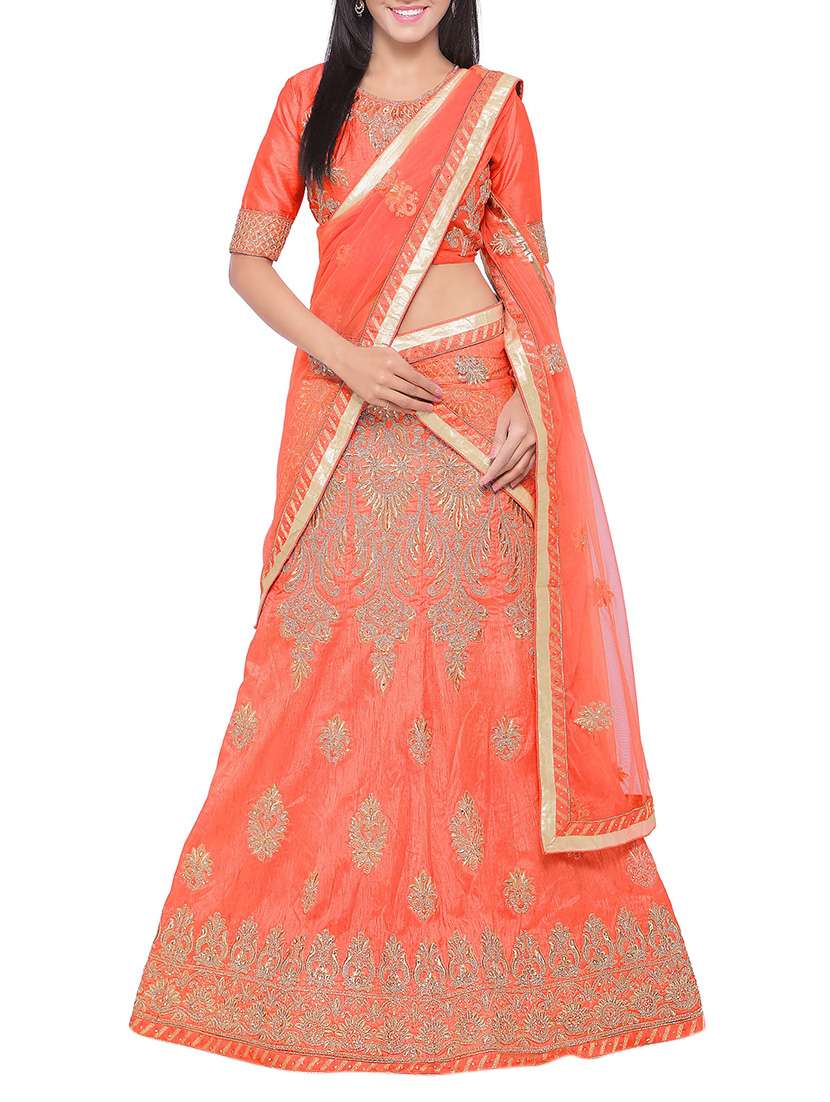 orange silk panelled lehenga