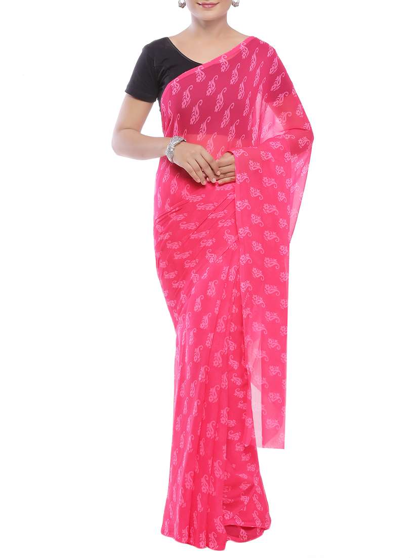pink printed georgette saree with blouse