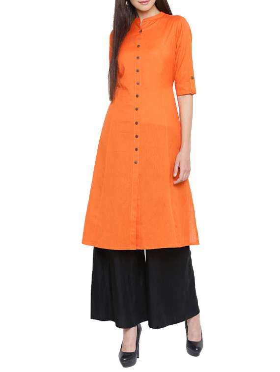 orange cotton straight kurta with pockets