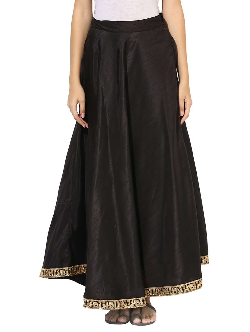 Black Dupion Lace Flared Skirt