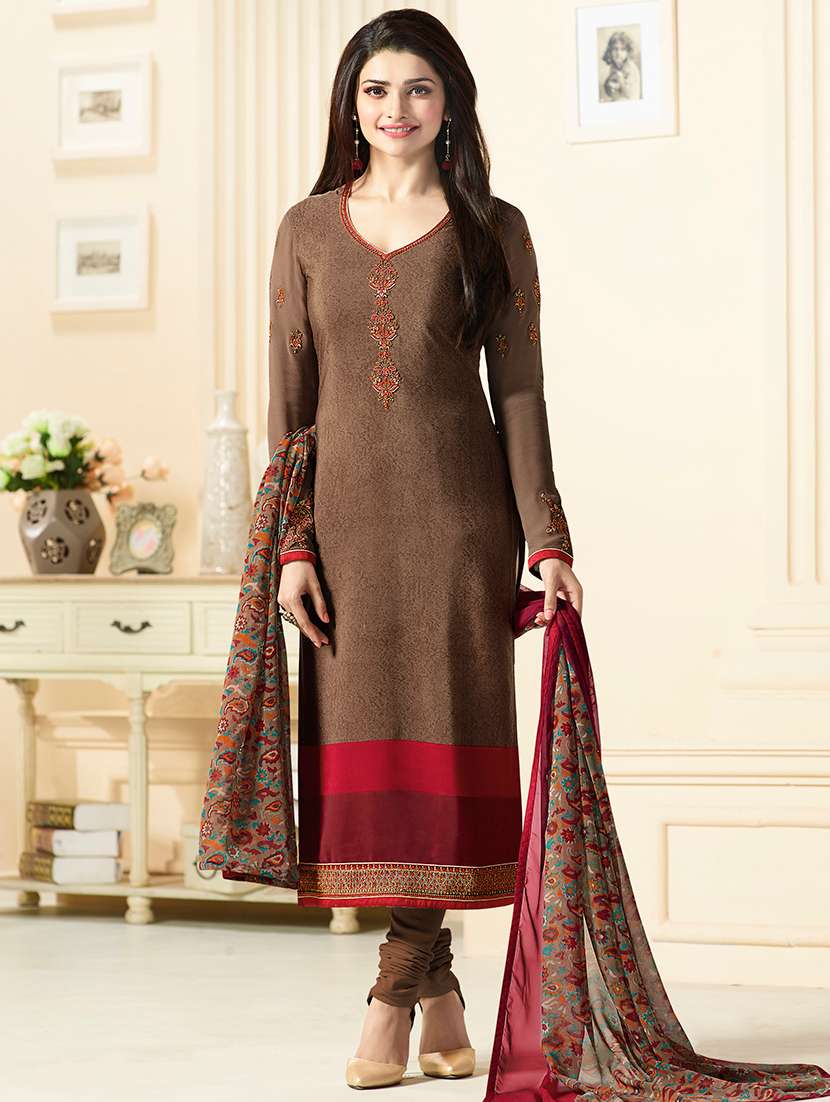 brown semi stitched churidaar suit