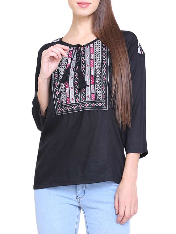 black embroidered rayon peasant top