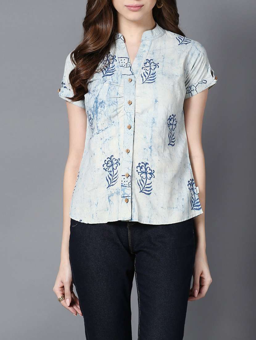 mandarin neck block print shirt 
