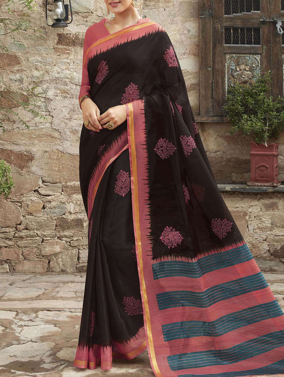 black cotton silk printed saree