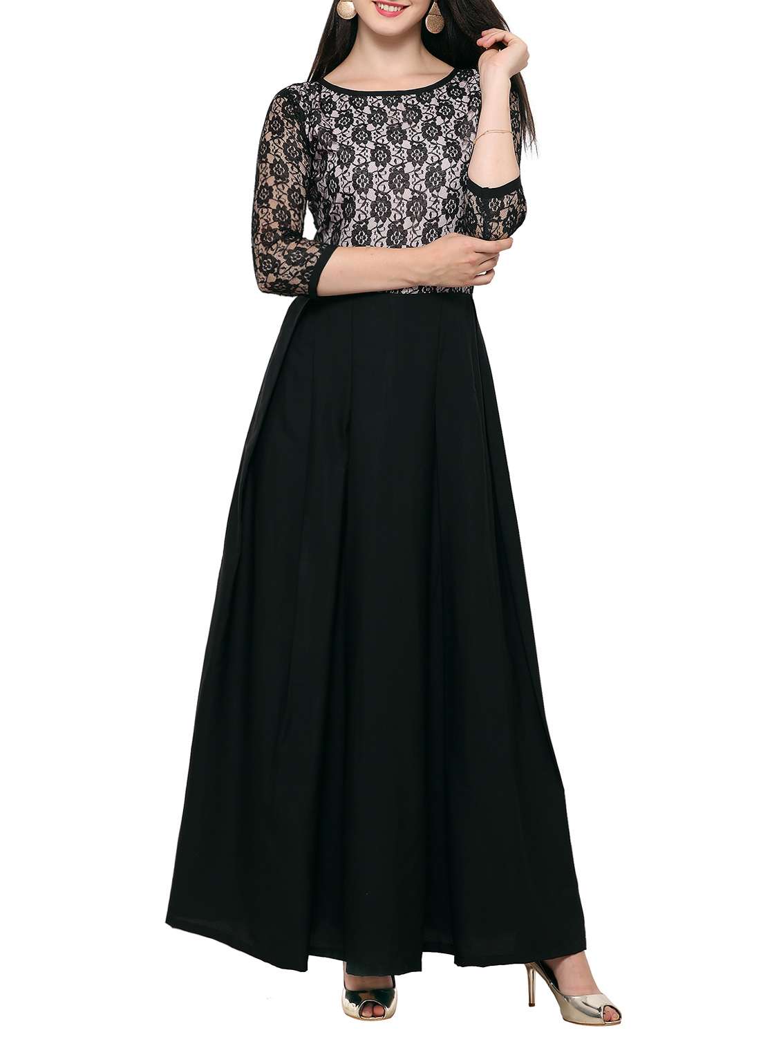 lace sleeved pleated maxi dress