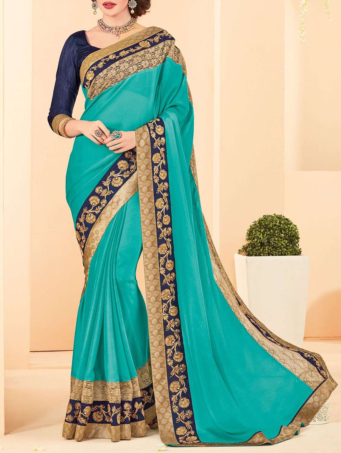 Turquoise bordered saree with blouse