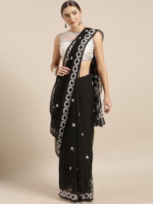 black georgette saree with chikankari work with blouse - 14240337 -  Standard Image - 0