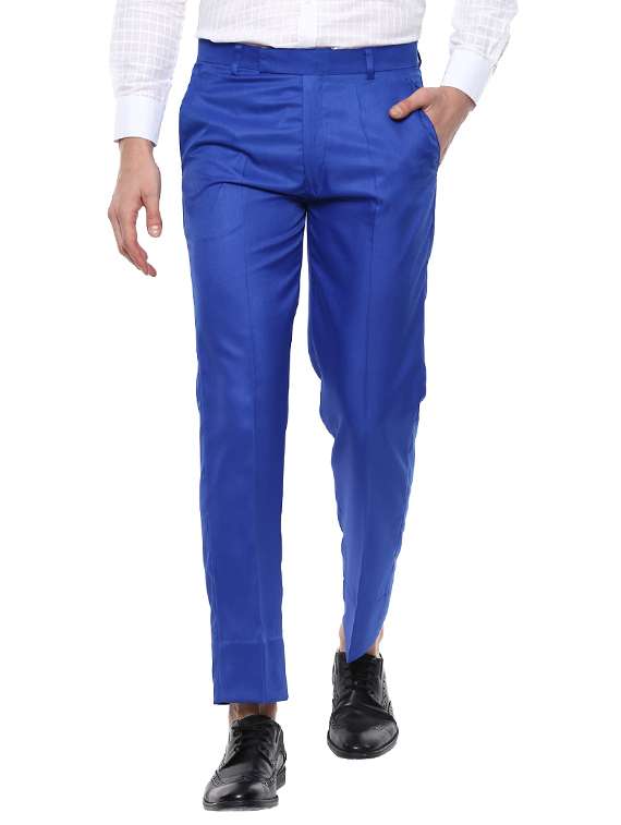 dark blue cotton blend flat front casual trouser