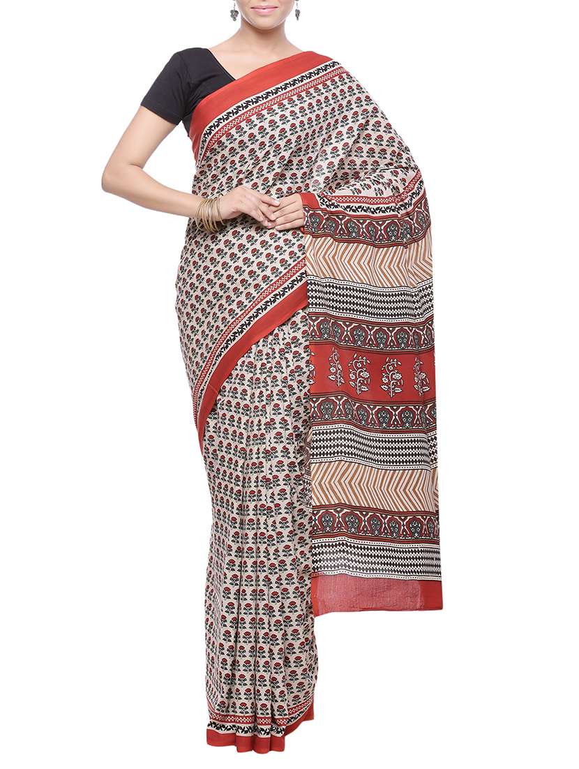 women's printed beige colored saree