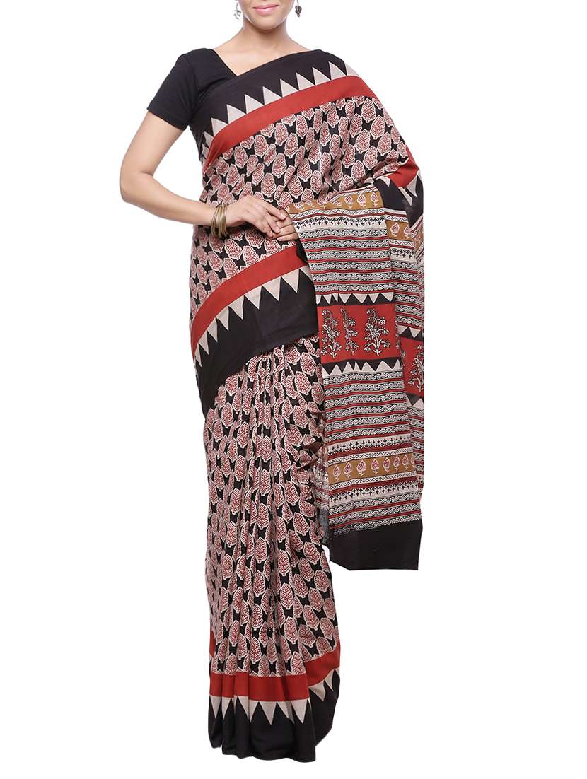 black cotton block printed saree