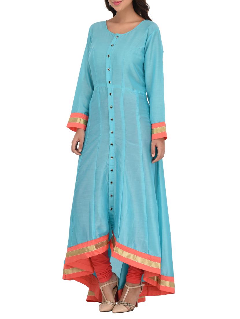 sky blue cotton high low kurta - 14253024 - Standard Image - 1
