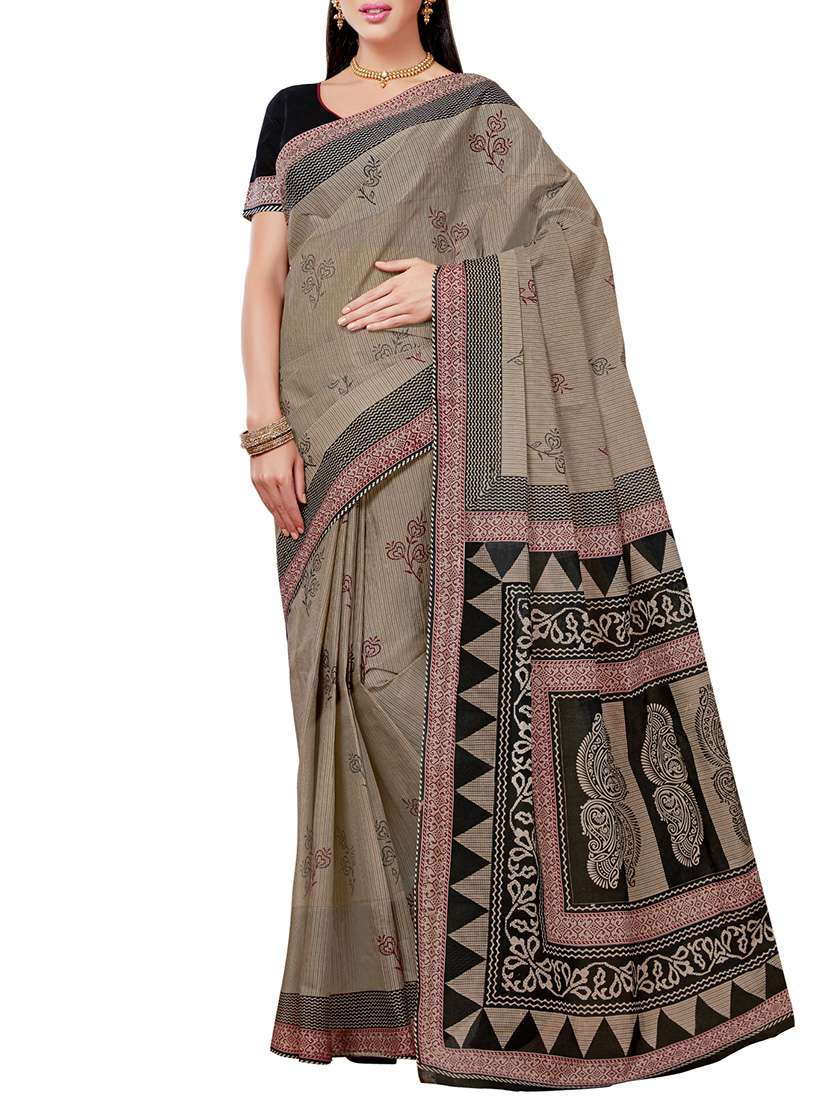 beige cotton printed saree with blouse