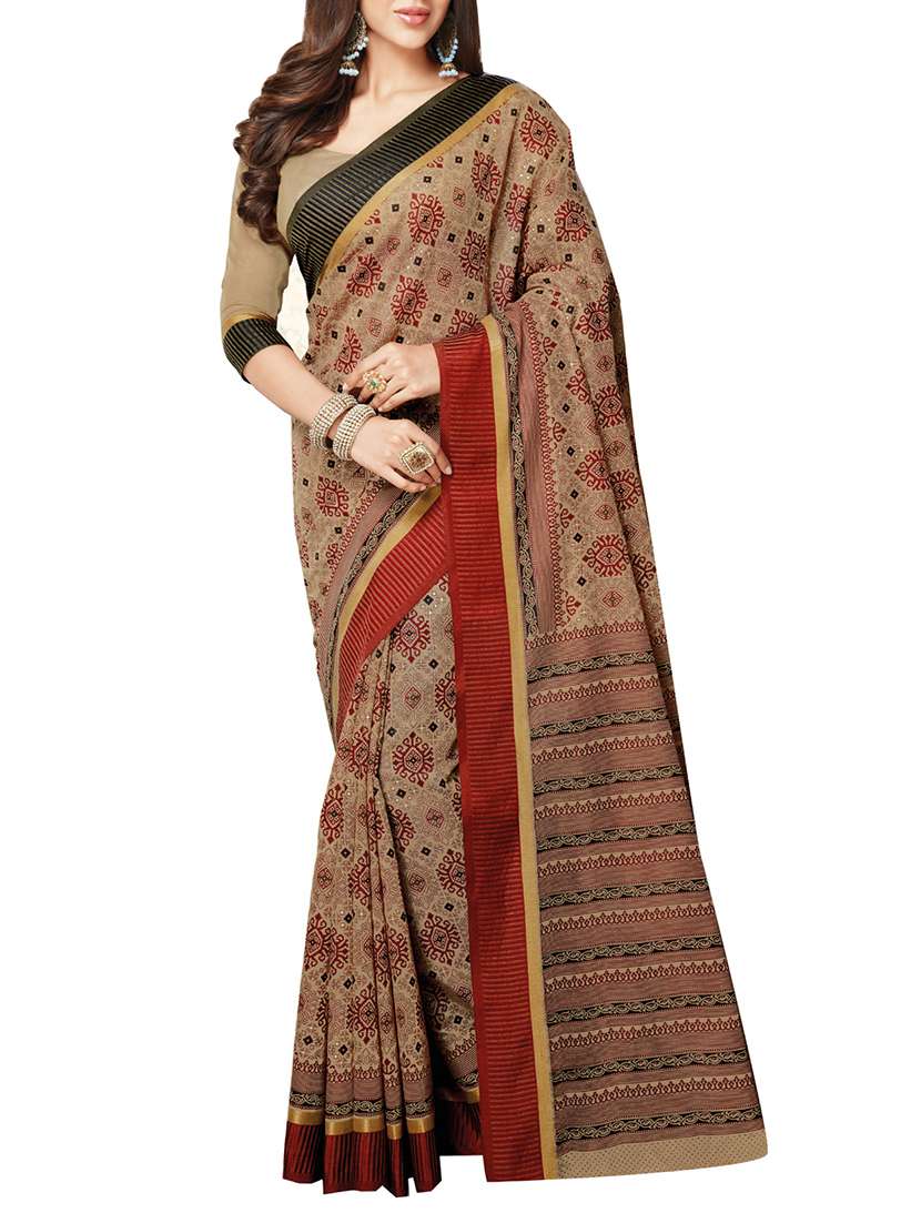 brown cotton printed saree with blouse