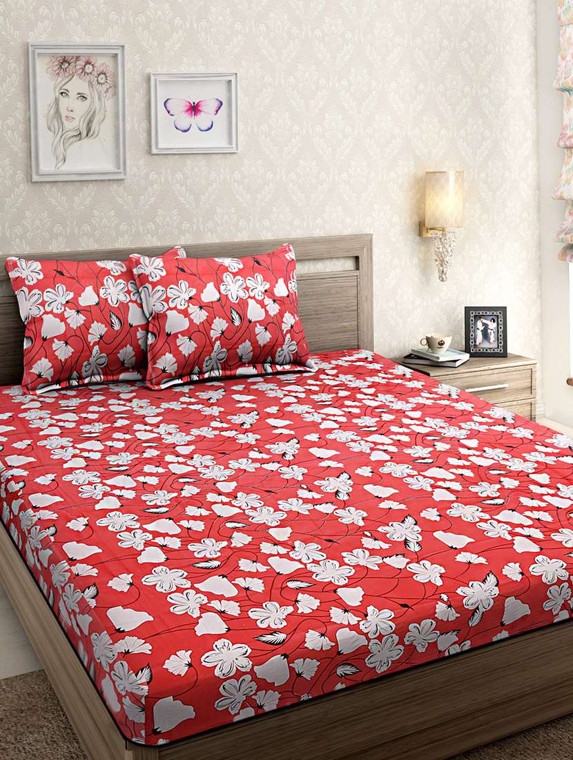 cotton red and white floral print double bed sheet with two pillow covers